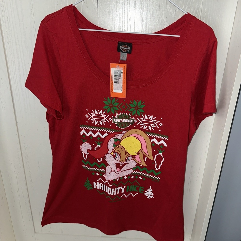 Harley Davidson Looney Tunes Lola Bunny Naughty Nice Red Christmas Shirt Large